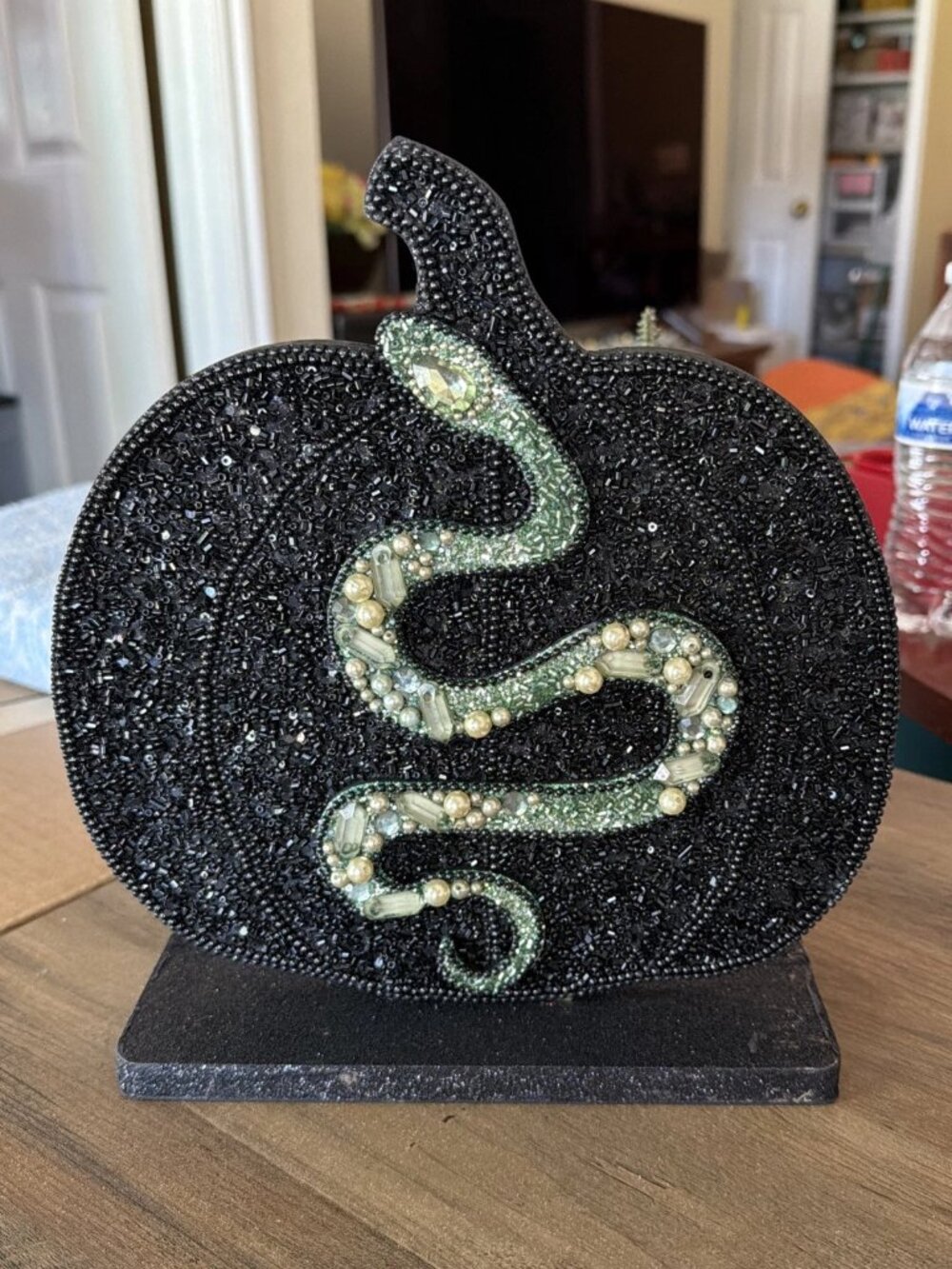 Embellished Halloween Tabletop Decor, Black Pumpkin With A Green Snake - India